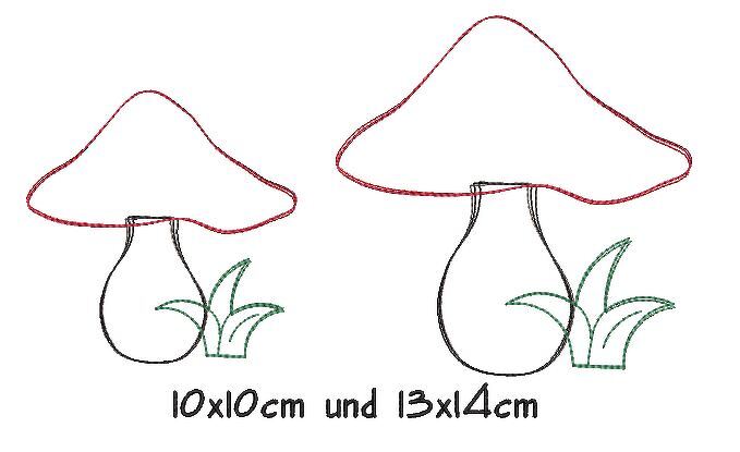 Zwei Umriss-Pilze mit Grashalmen, links kleiner, rechts größer; Größenangaben 10x10 cm und 13x14 cm.