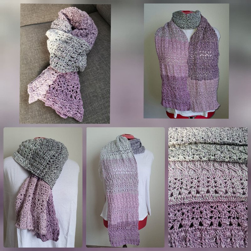 Kollage: gehäkelter Schal mit Detailaufnahmen von Loch- und Rippenmustern