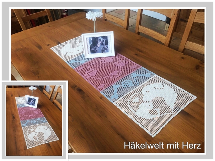 Häkeln / Tischläufer / Hund + Katze "tierisch beste Freunde"