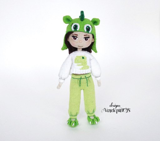 Amigurumi Doll in dinosaur pajamas Crochet Pattern