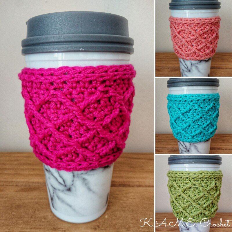 Hot pink crocheted coffee cozy with textured cable stitch on a marble-effect travel mug; smaller images show coral, turquoise, and lime green versions.