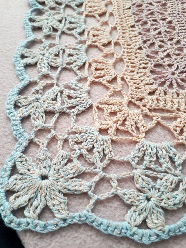 Detailaufnahme Häkelmuster mit Blütenmotiven und Muschelkante