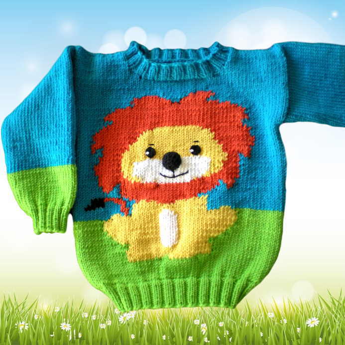 Strickanleitung Kinderpullover Wilde Tiere - Löwe in 2 Größen