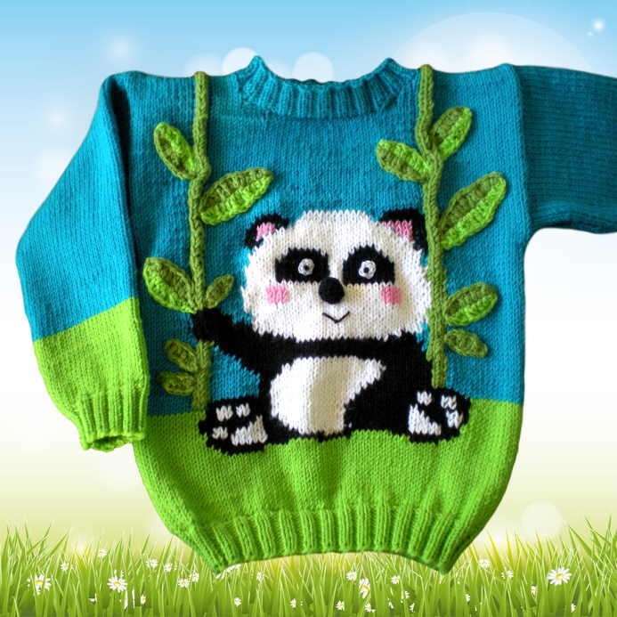 Strickanleitung Kinderpullover Wilde Tiere - Panda - in 2 Größen