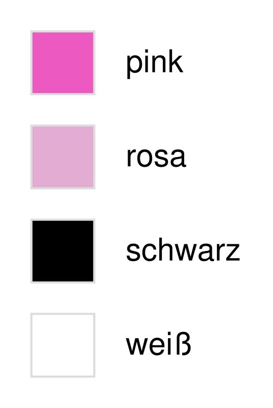 Vier quadratische, beschriftete Farbfelder: Pink, Rosa, Schwarz und Weiß