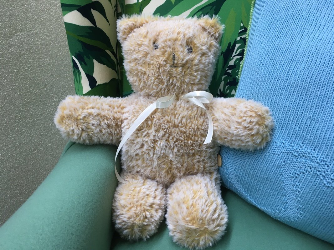 Plüschiger hellbrauner Teddy mit weißer Schleife auf grünem Sessel, blaues Strickkissen daneben