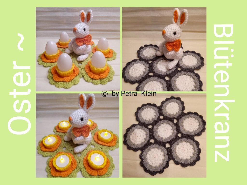 Häkelanleitung / Amigurumi / Oster~Blütenkranz mit Hase und Deckchen