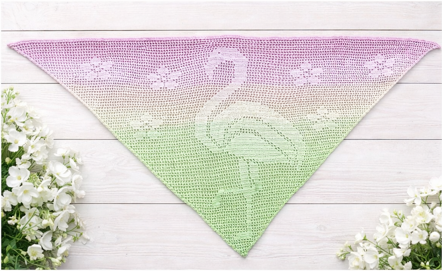 Häkelanleitung Dreieckstuch Sarmingo – Flamingo Tuch im Filetmuster