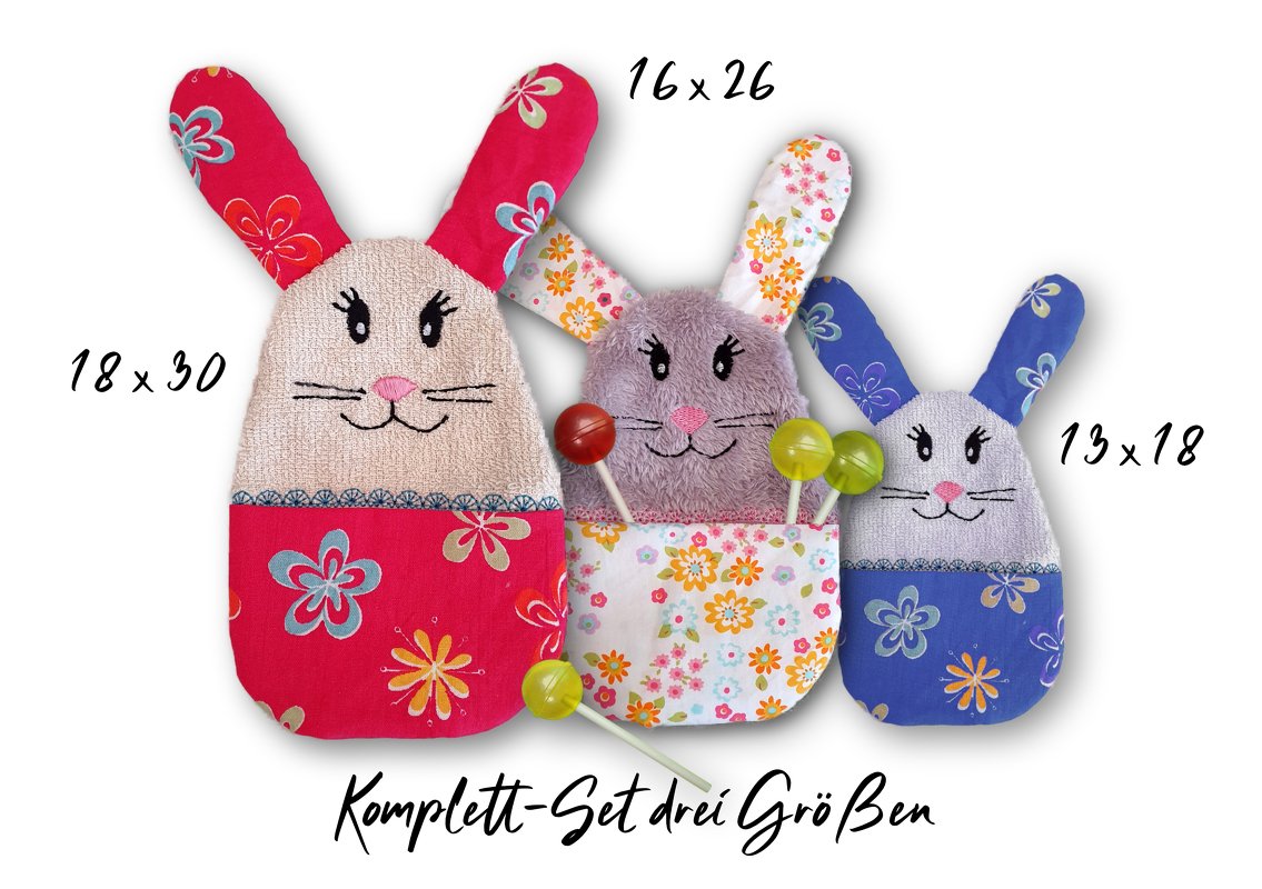 Stickdatei Hase Kuscheltuch mit Bauchtasche ITH in drei Größen