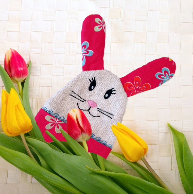 Stickdatei Hase Kuscheltuch mit Bauchtasche ITH in drei Größen