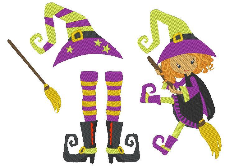 Hexe mit Besen und Hut Stickdatei Fasching