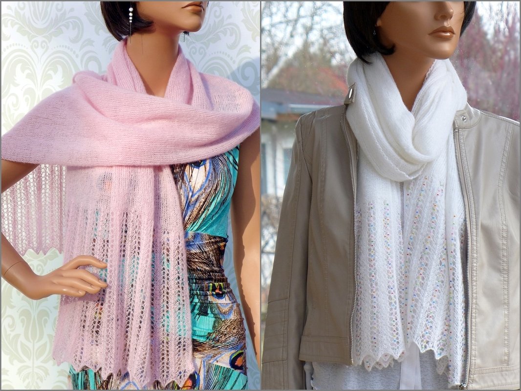 Zwei Mannequins mit gestrickten Schals: rosa Stola mit Lochmuster und weißer Schal mit dezenten Farbakzenten.