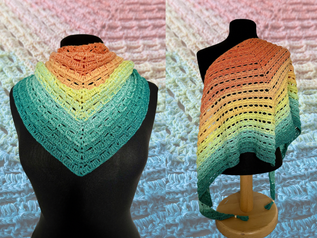 Zwei Ansichten eines gehäkelten Dreieckstuchs mit Farbverlauf in Orange, Gelb und Türkis auf schwarzer Schneiderpuppe