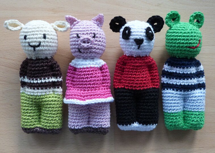 Crochet pattern animal dolls sheep, pig, panda and frog