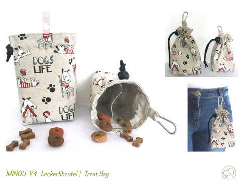 MINOU V1 treat pouch, with lining, in 2 sizes, 2 compartments. Pattern
