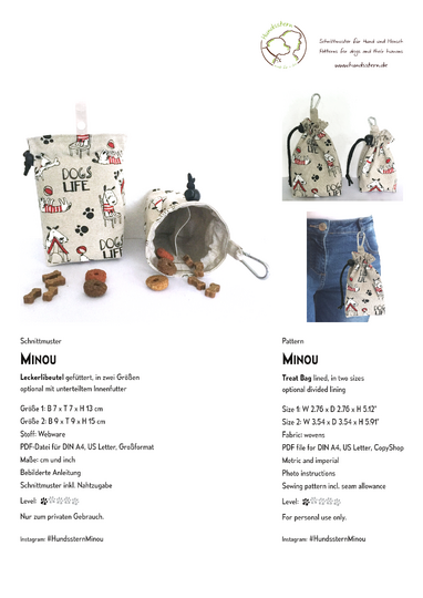 MINOU V1 treat pouch, with lining, in 2 sizes, 2 compartments. Pattern