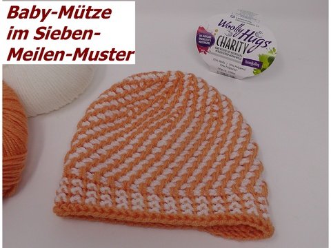 Baby-Mützchen im Sieben-Meilen-Muster tunesisch gehäkelt