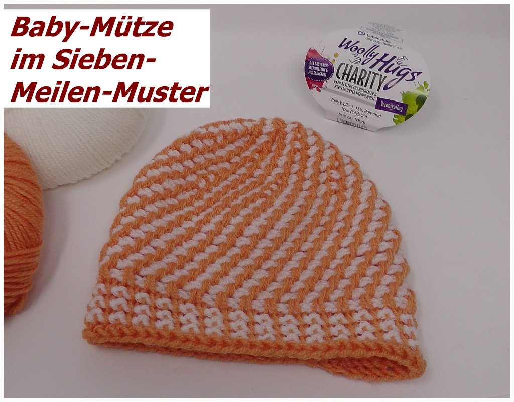 Baby-Mützchen im Sieben-Meilen-Muster tunesisch gehäkelt