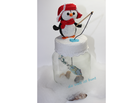 PinguNick - Deckelbezug für ein Dekoglas mit angelndem Pinguin