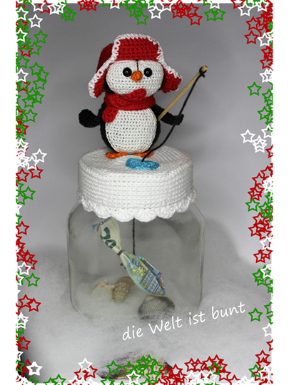 PinguNick - Deckelbezug für ein Dekoglas mit angelndem Pinguin