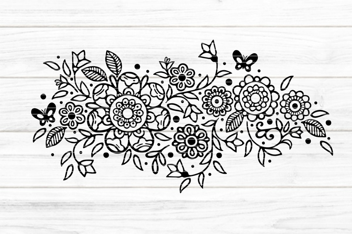 Schwarz-weiße Blumenbordüre mit Schmetterlingsmotiven