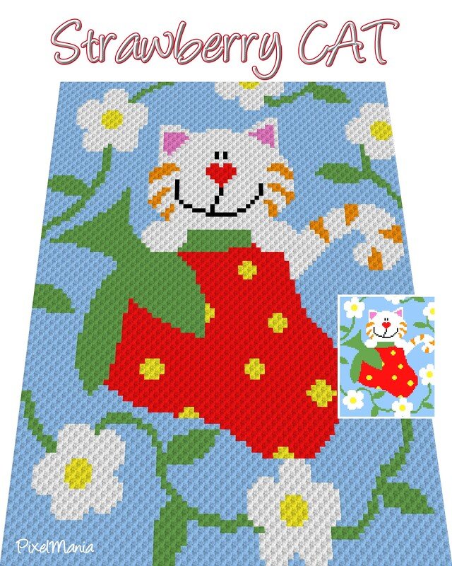 Pixelhäkelmotiv weiße Katze mit roter Erdbeere und weißen Blumen auf blauem Hintergrund