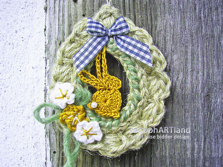 Osterkranz häkeln - Jute Eierkringel mit Hase - Landhaushänger Jute, Deko