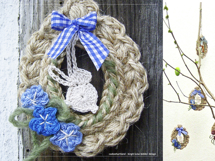 Osterkranz häkeln - Jute Eierkringel mit Hase - Landhaushänger Jute, Deko