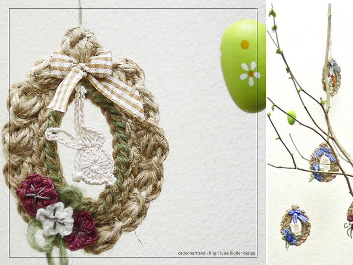 Osterkranz häkeln - Jute Eierkringel mit Hase - Landhaushänger Jute, Deko