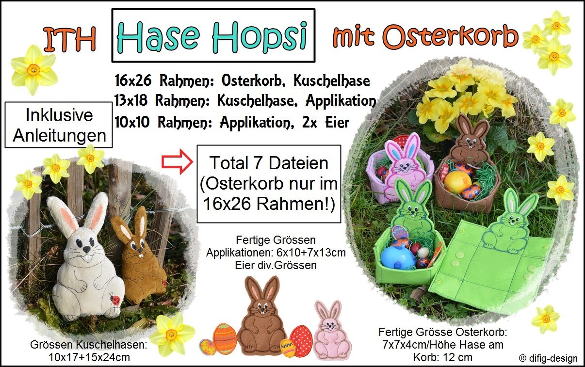 ITH Stickdateien Hase Hopsi mit Osterkorb für diverse Rahmen