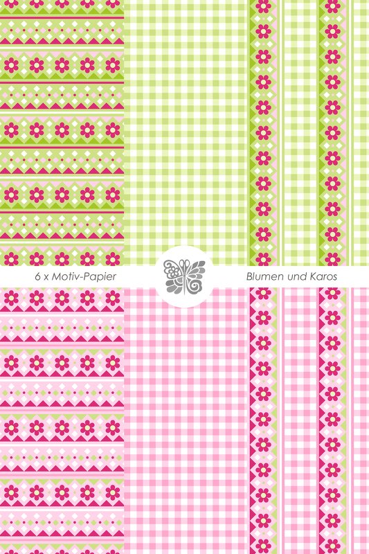 Collage aus sechs digitalen Papieren mit grünen und rosafarbenen Karos, Streifen und Reihen kleiner Blumen