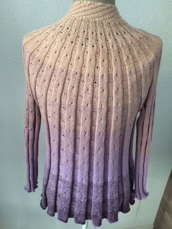 Beige bis lila Ombre-Strickpullover für Damen mit Stehkragen, Rippen- und Ajourmuster