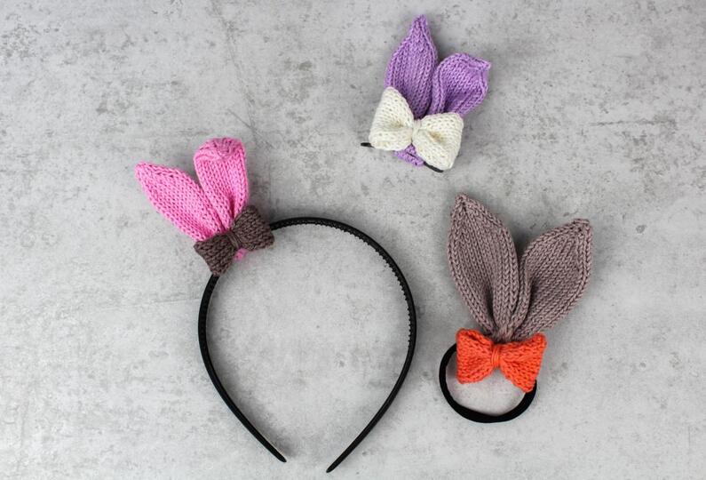 Hasen Haarspange + Haargummi + Haarreif in einer Strickanleitung.