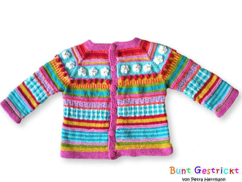 Bunte Kinderjacke - Raglan von oben - in 3 Größen - Strickanleitung