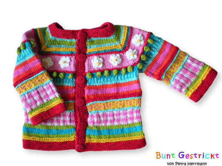 Bunte Kinderjacke - Raglan von oben - in 3 Größen - Strickanleitung