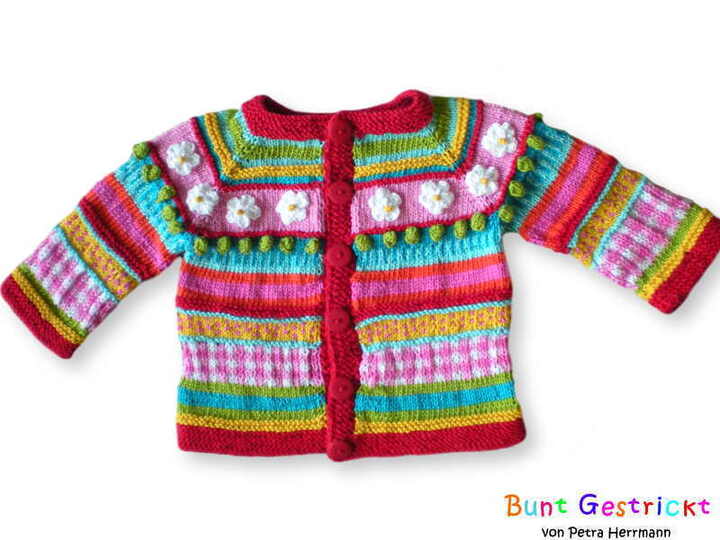 Bunte Kinderjacke - Raglan von oben - in 3 Größen - Strickanleitung