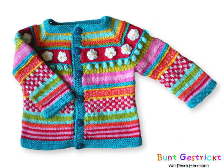 Bunte Kinderjacke - Raglan von oben - in 3 Größen - Strickanleitung