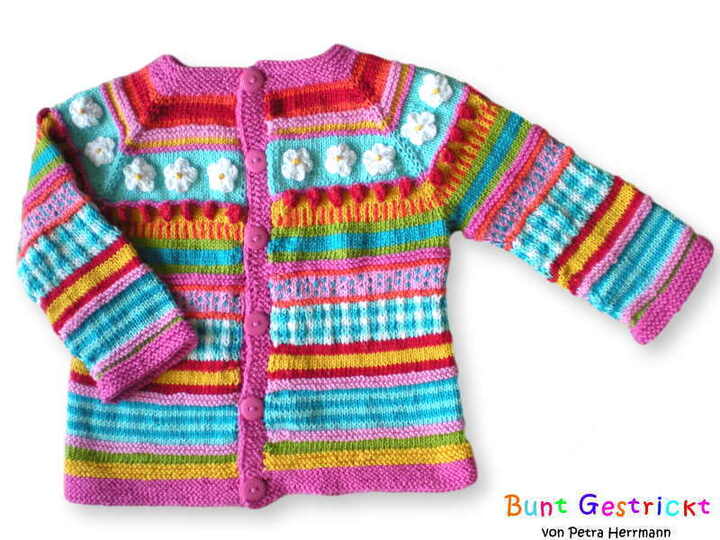 Bunte Kinderjacke - Raglan von oben - in 3 Größen - Strickanleitung