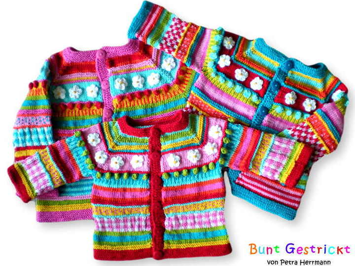 Bunte Kinderjacke - Raglan von oben - in 3 Größen - Strickanleitung