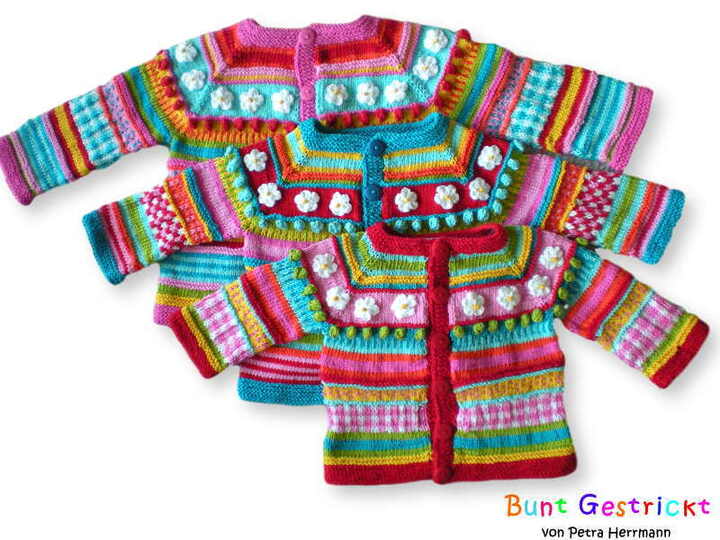 Bunte Kinderjacke - Raglan von oben - in 3 Größen - Strickanleitung