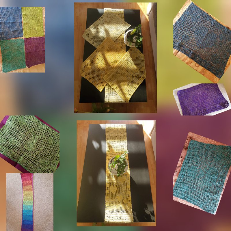 Collage gehäkelter Tischläufer, Deckchen und Untersetzer in Gelb, Blau, Grün und Lila auf verschiedenen Oberflächen.