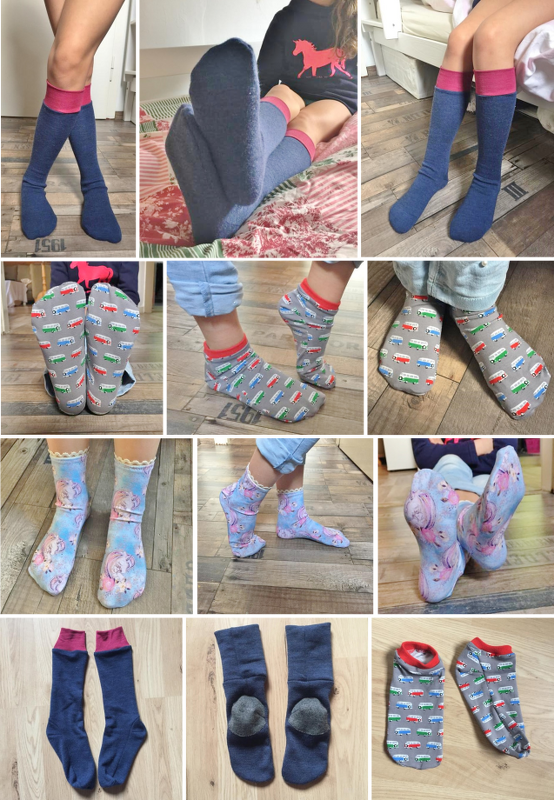 Verschiedene Socken: blaue Kniestrümpfe mit pinkem Bündchen, graue Bus‑Socken und hellblaue Einhorn‑Socken; einzelne Paare mit Anti‑Rutsch‑Noppen
