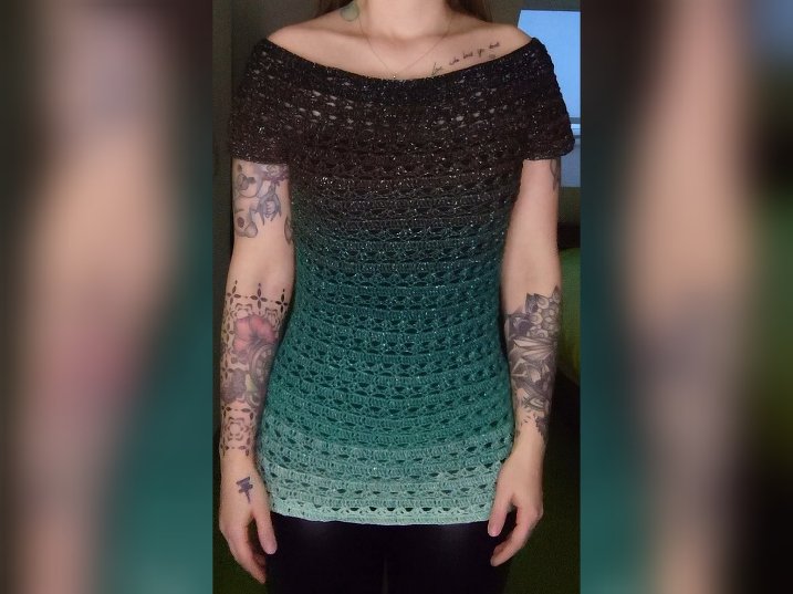 Tunika Gabi häkeln Carmenausschnitt Shirt Häkelshirt Häkeltunika Oberteil