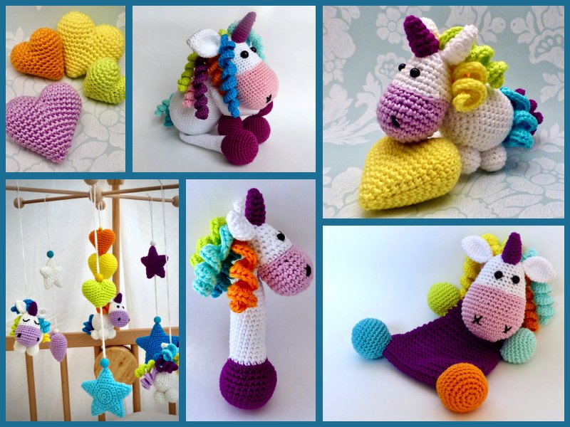 Gehäkelte Babyspielzeuge und Dekoration: Einhörner, Herzen, Rassel und Mobile.