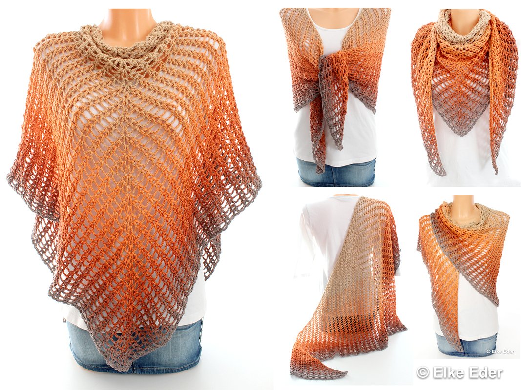 Crocheted triangle shawl with an ombre beige
–orange–gray gradient, styled multiple ways on a mannequin.