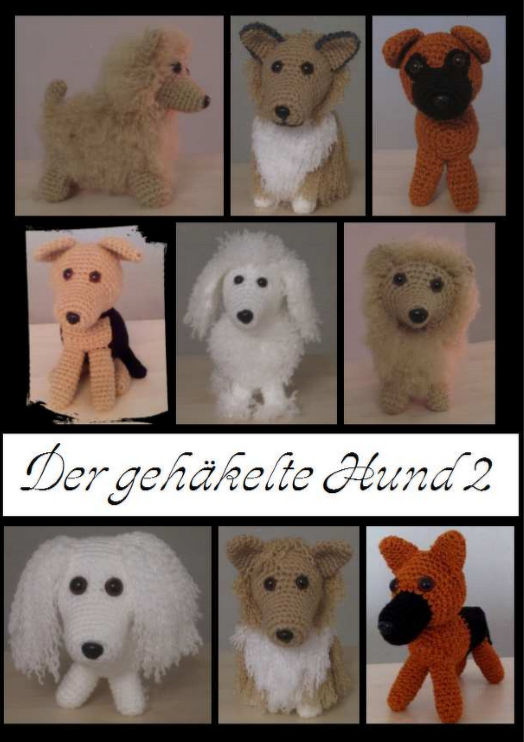 Collage mit neun gehäkelten Amigurumi-Hunden in unterschiedlichen Farben und Fellstrukturen.