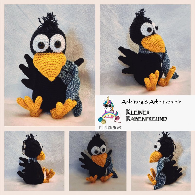 Schwarzer gehäkelter Amigurumi-Rabe mit gelbem Schnabel, gelben Füßen und grauem Schal aus mehreren Perspektiven