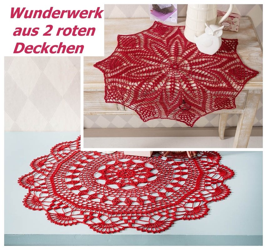 Nahaufnahme zweier roter gehäkelter Deckchen mit unterschiedlichem Randdesign auf hellem Hintergrund