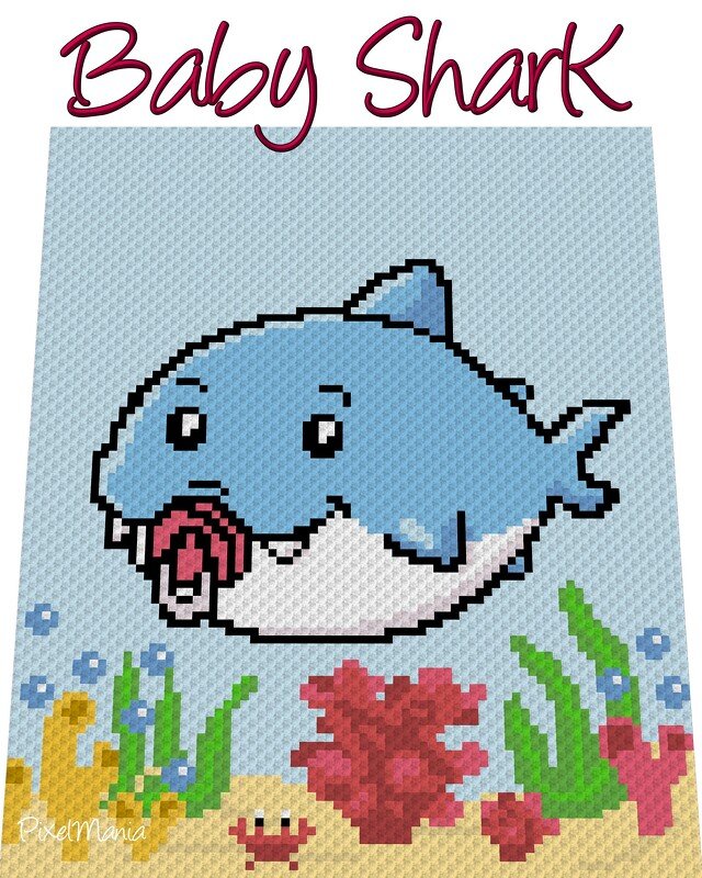 Pixelhäkelmuster eines blauen Baby-Hais mit rosafarbenem Schnuller vor Korallen, Seegras und sandigem Meeresgrund.