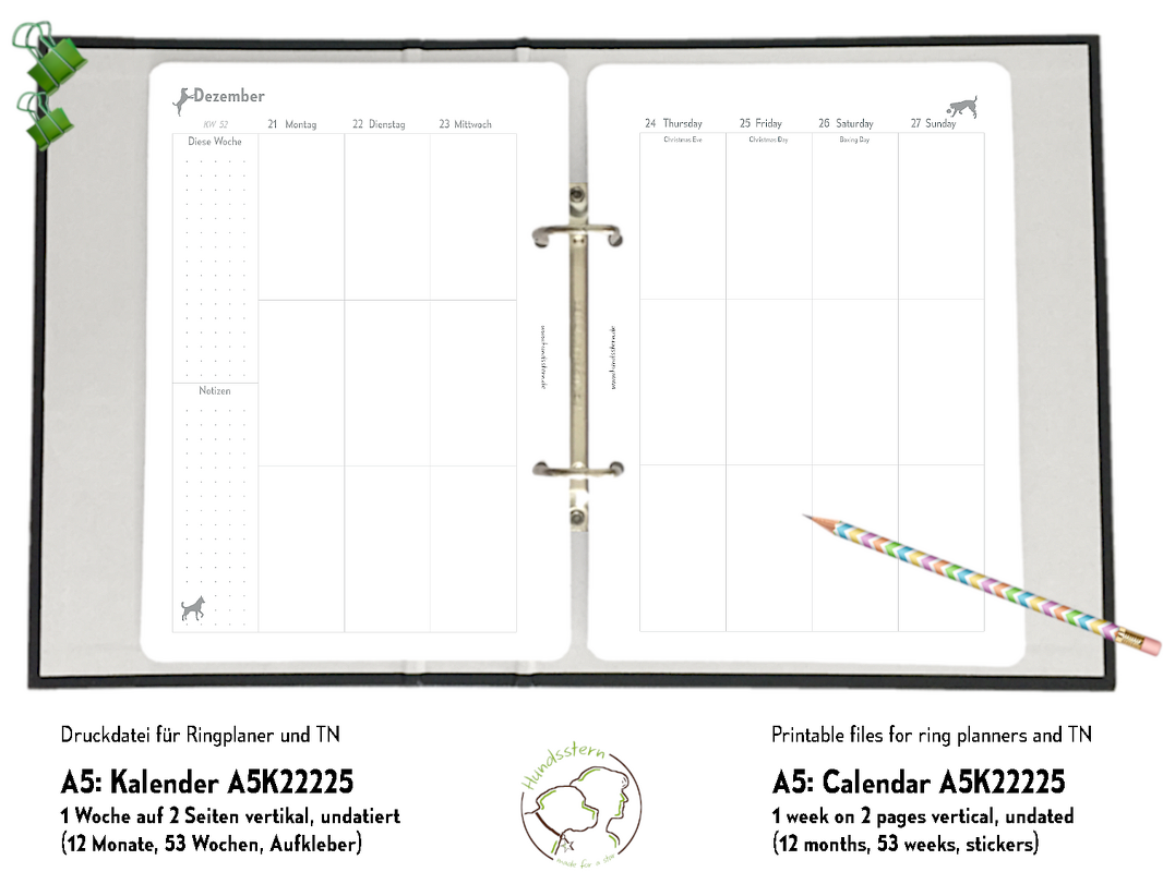 Weekly Planner 1W2P v A5 inserts Dogs A5K22225